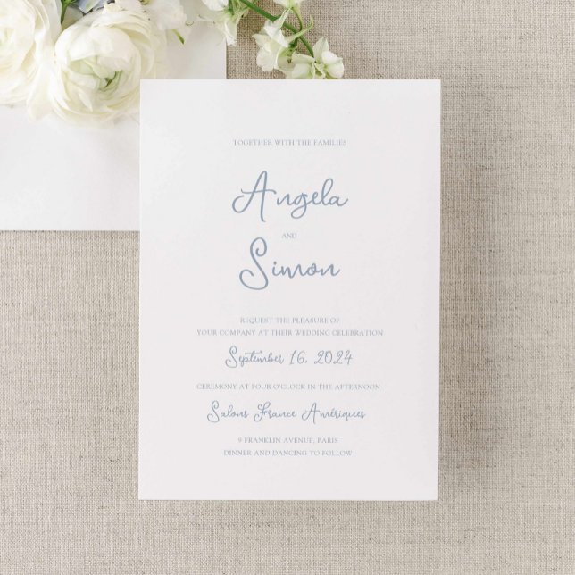 Convites Concurso de Casamento de Cherub, Arco Quimérico Du (dusty blue wedding invitation, vintage french inspired hand written cherub bow illustrated)