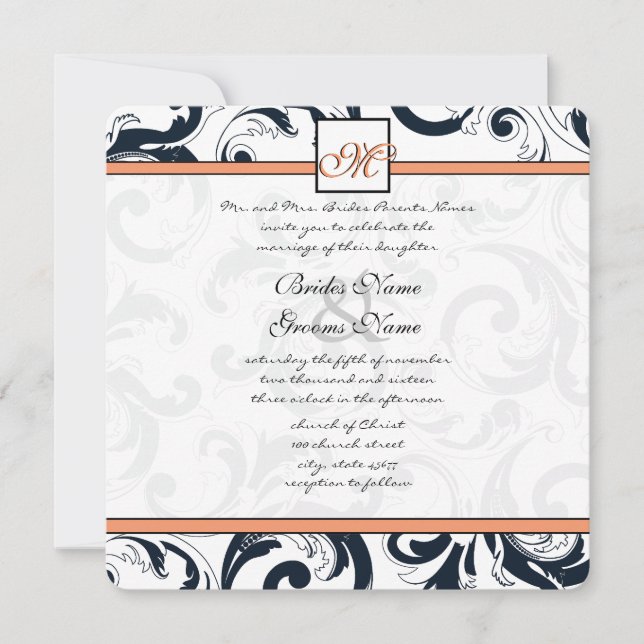 Convites Concurso de Casamento de Coral & Black Damask (Frente)