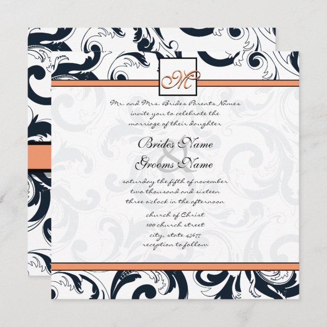 Convites Concurso de Casamento de Coral & Black Damask (Frente/Verso)