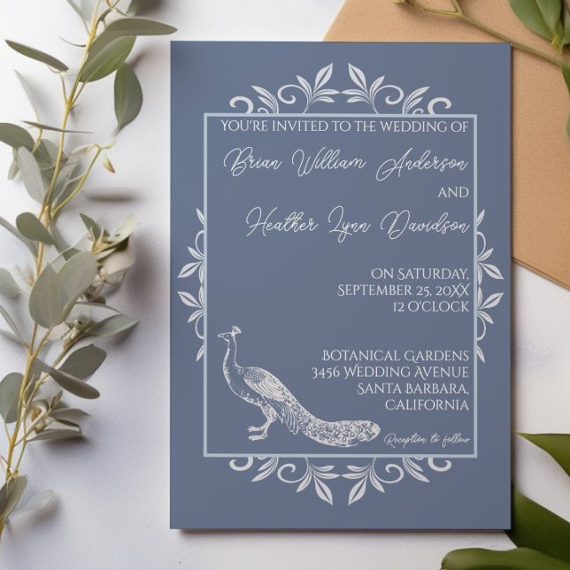 Convites Concurso de Casamento de Farinha de Pavão Azul Dus (Dusty Blue Peacock Flourish Wedding Invitation)
