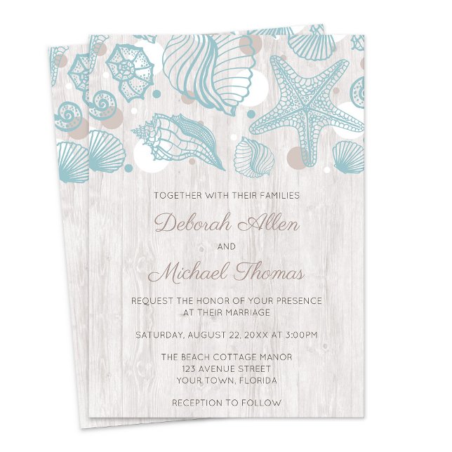 Convites Concurso de Casamento de Seashell Whitewash Wood B (Seashell Whitewashed Wood Beach Wedding Invitations from Artistically Invited on Zazzle.)