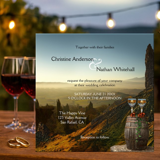 Convites Concurso de Casamento de Vinhas Vinhas de Paisagem (Wedding invitation featuring a painting of a wine barrel with glasses and grapes and landscape view)