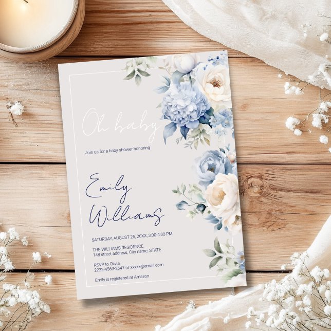 Convites Concurso de chá de fraldas azul e bege (Oh baby baby shower invitation with blue and white rises and peonies )