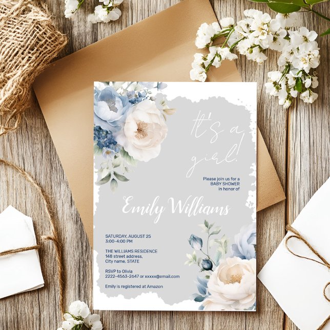 Convites Concurso de chá de fraldas para peonias azuis e br (Blue and white roses and peonies floral watercolor baby shower invitation )