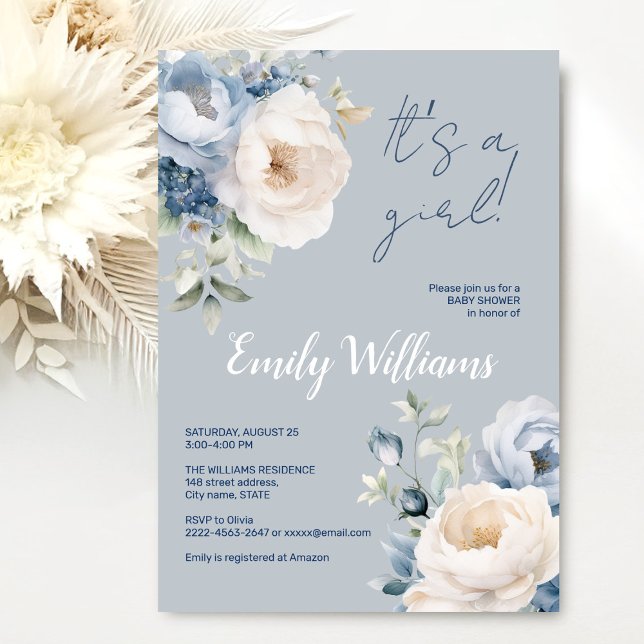 Convites Concurso de chá de fraldas para peonias azuis e br (Dusty blue watercolor flowers peonies rustic gender neutral baby shower invitation )