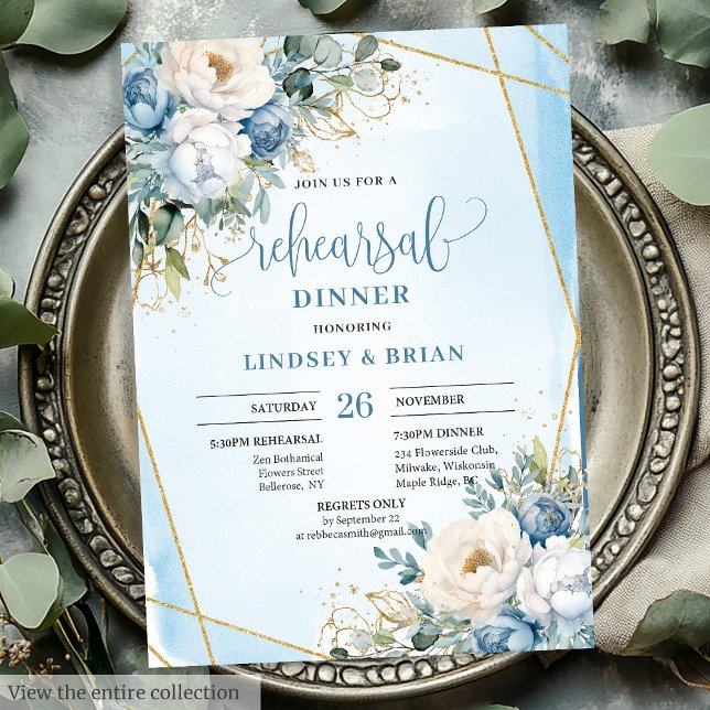 Convites Concurso Dourado Floral Azul de Luxo Dusty (Luxury Dusty Blue Floral Gold Rehearsal Invitation)