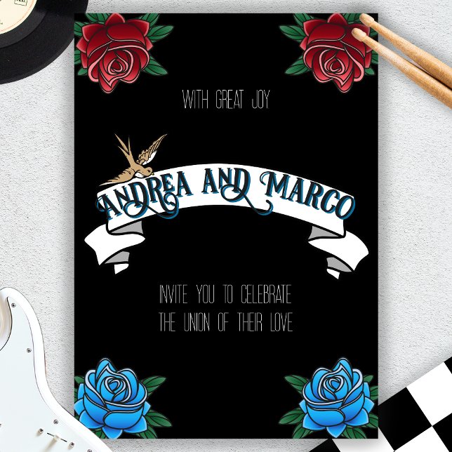 Convites Concurso Escolar para a Velha Tatuagem Branca e Ne (rockabilly tattoo rock and roll wedding invitation )