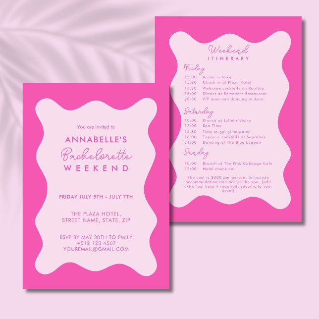Convites Concurso Itinerário Wavy para Bachelorette Rosa Mo (Modern pink wavy Bachelorette Weekend Invitation with itinerary)