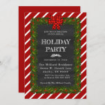 Convites Concurso para festas de chalkboard e garland<br><div class="desc">Este convite para o quadro de férias é batido com a Holly e a pine garland,  uma fita xadrez sobre um fundo listrado vermelho e branco. Alterar evento,  título,  data,  local do host,  endereço,  RSVP,  número de telefone e nome do host.</div>