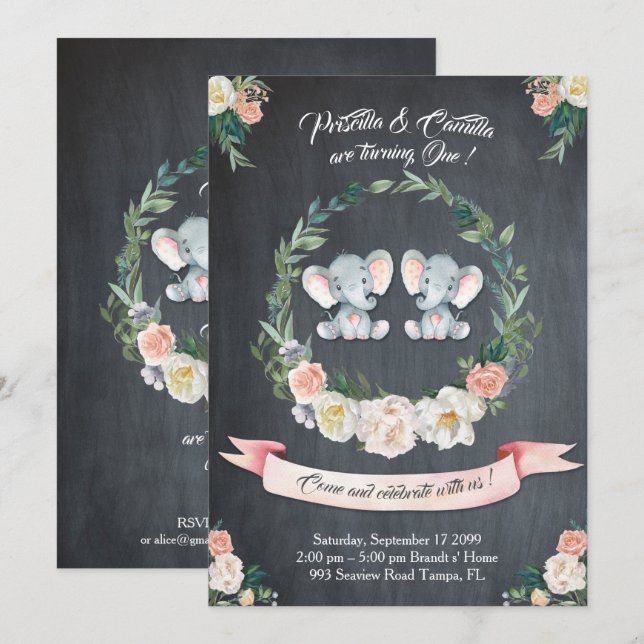 Convites Concurso para menina gêmea elefante, Floral, rua b (Frente/Verso)