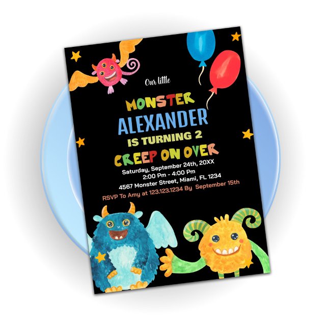 Convites Concursos de aniversário monstro Preto de água (Monster Birthday Invitations WaterColour Black)