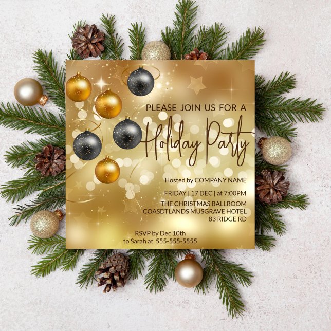 Convites Condecorações Douradas de bolos, preto e dourado (Christmas holiday party editable template invitation gold theme non religious)