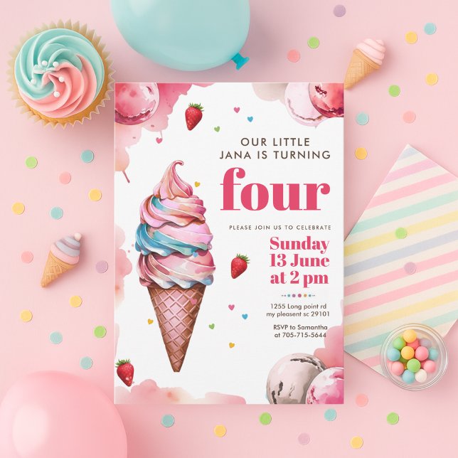 Convites Cone de Sorvete Rosa de Aniversário | Doce da Meni (Criador carregado)