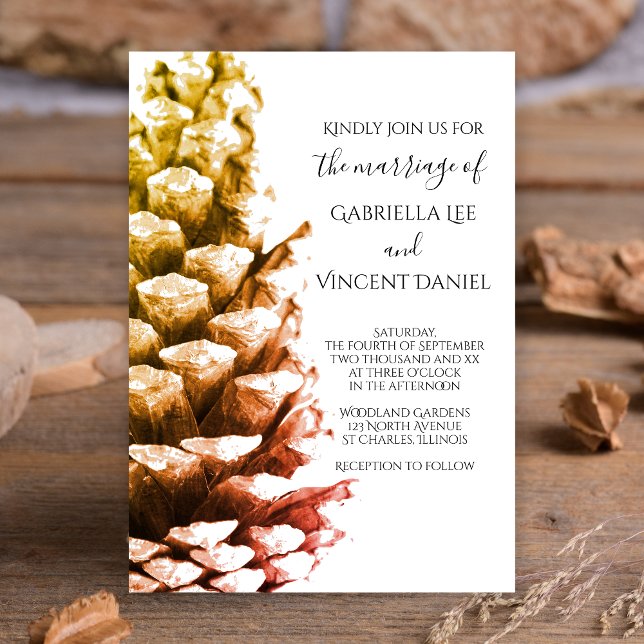 Convites Cone Rustic Pine sobre Casamento de Woodland Branc (Criador carregado)