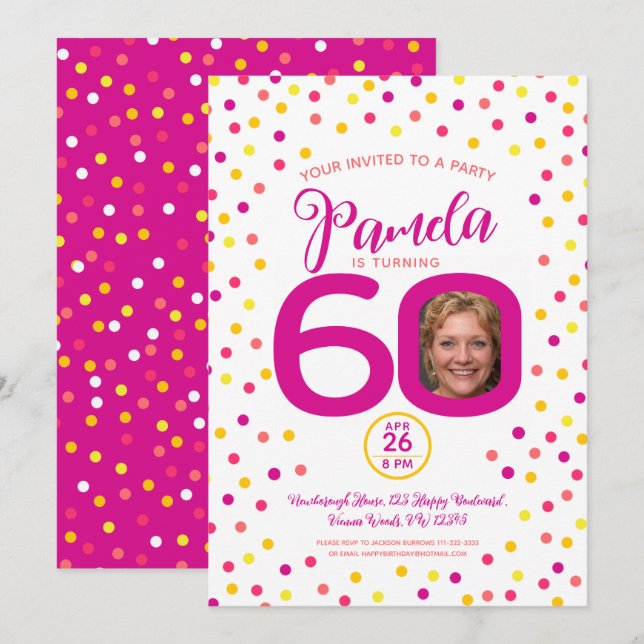 Convites confete amarelo rosa-rosa com foto personalizada d (Frente/Verso)
