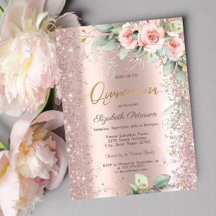 Convites Confete Brilhante Rosas Dourado Rosa Quinceanera