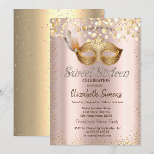Convites Confete Chic Máscara Dourado Rosa Sweet 16