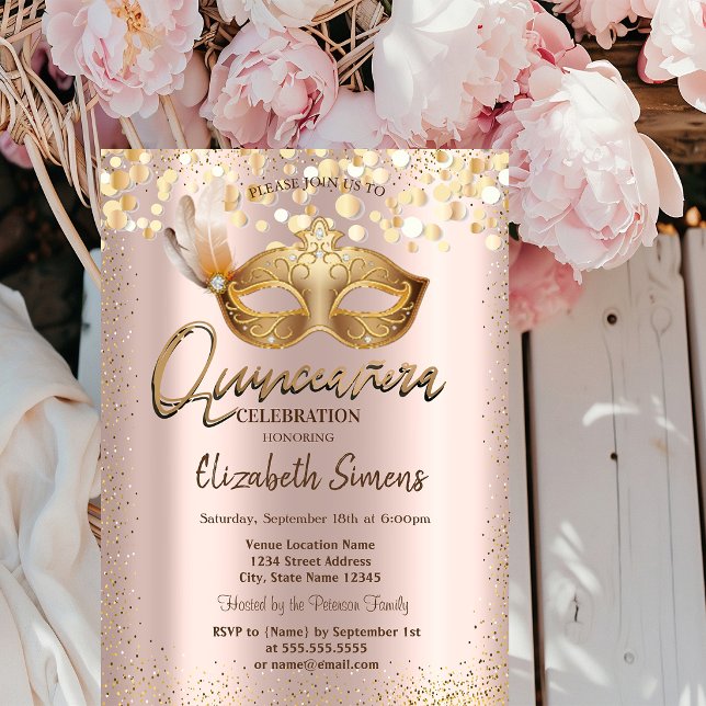 Convites Confete Chic Máscara Rosa Dourado Quinceañera (Criador carregado)