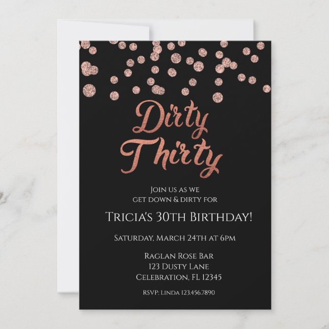 Convites Confete de Brilho em Rose Gold Dirty 30 (Frente)