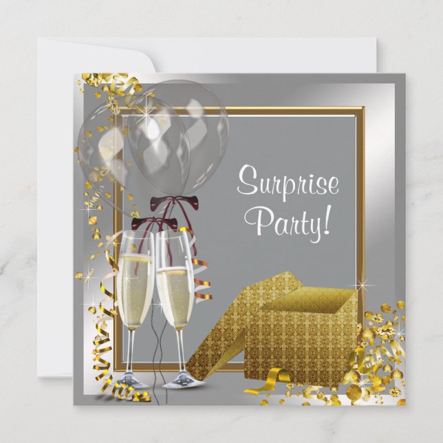 Convites Confete de Champanhe Prata e Dourado Festa Surpres (Frente)