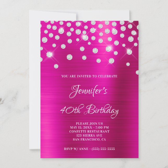 Convites Confete de Diamante Rosa Quente Satin Foil Ombre (Frente)