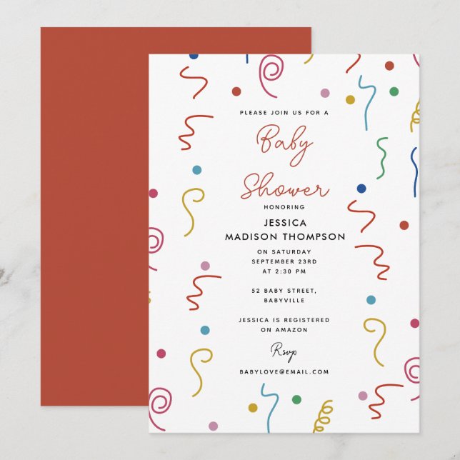 Convites Confete de Festa Colorido Baby Shower (Frente/Verso)