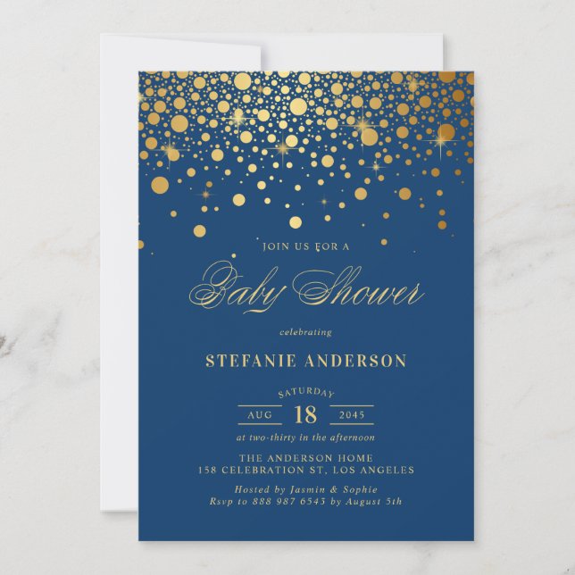Convites Confete de Folha de Ouro Falso Baby Shower Azul (Frente)