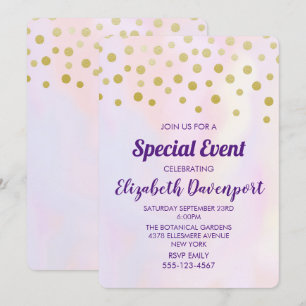 Convites Confete de Ouro Falso em Festa de Aquarela Roxa