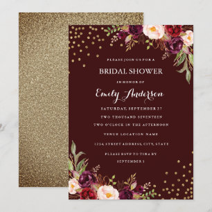 Convites Confete Dourado Borgonha Floral Outono Chá de Noiv