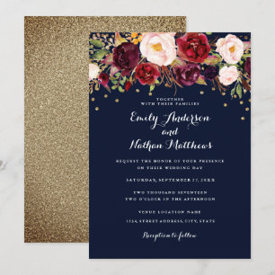 Convites Confete Dourado Casamento Floral Azul Burgundy