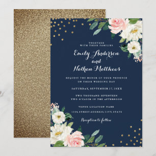 Convites Confete Dourado Casamento Floral Rosa Azul-Marinho