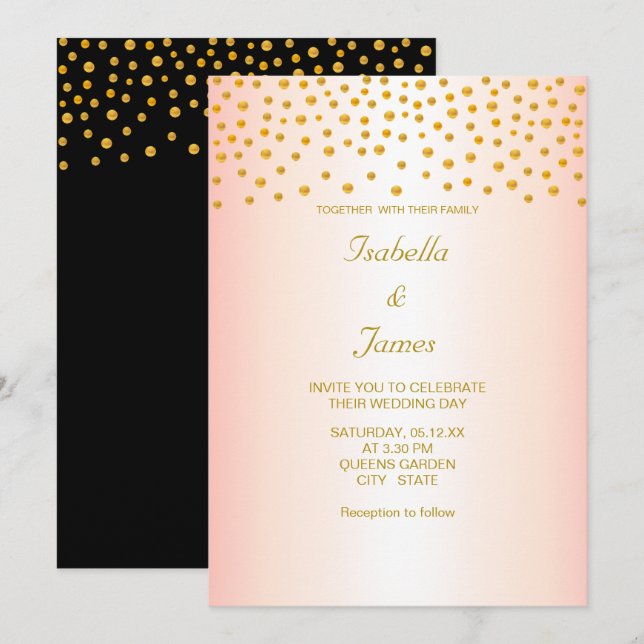 Convites Confete Dourado Chic em Preto e Dourado Rosa (Frente/Verso)