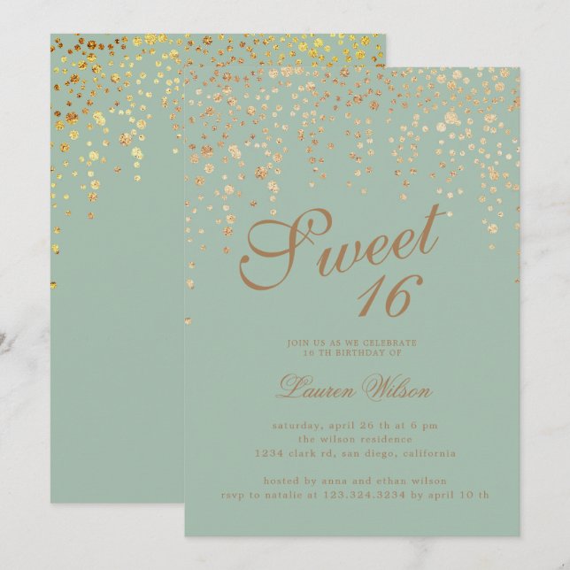 Convites confete dourado com doce verde dezesseis (Frente/Verso)