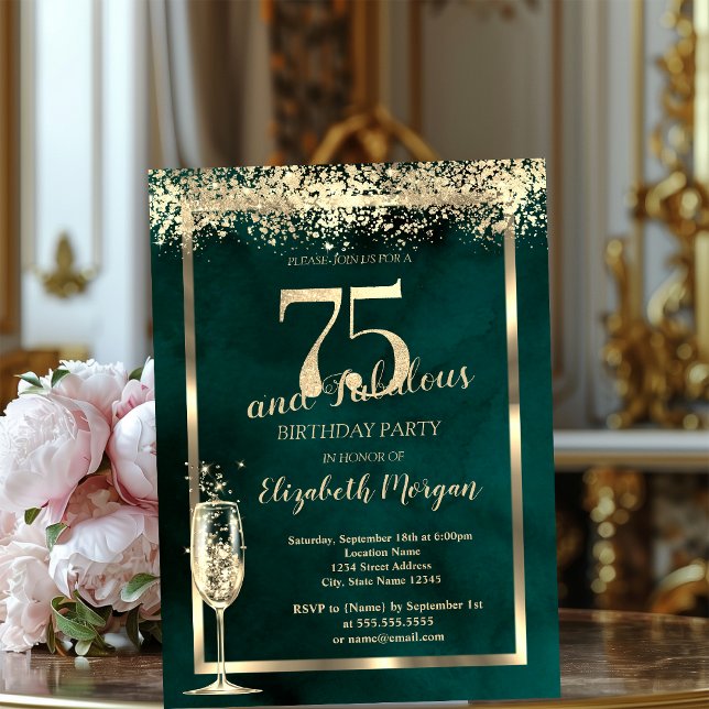 Convites Confete Dourado de Taça de Champanhe Verde Anivers (Criador carregado)