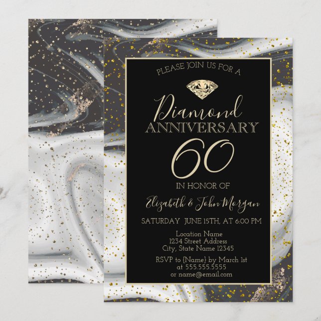 Convites Confete Dourado Diamante Mármore Aniversário de Ca (Frente/Verso)