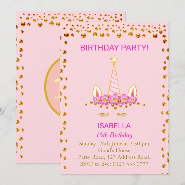 Convites Confete Dourado e Unicórnio em Rosa Aniversário de (Frente/Verso)