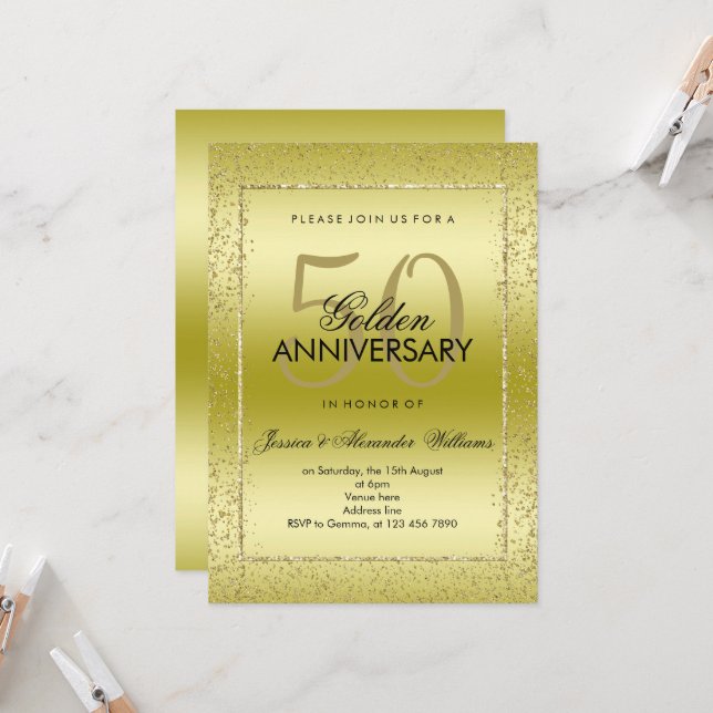 Convites Confete Dourado Elegante 50º Aniversário de Casame (Frente/Verso In Situ)