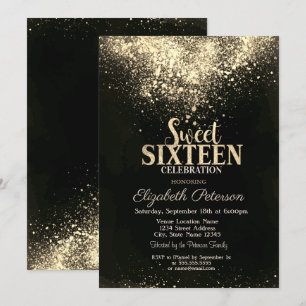 Convites Confete Dourado Elegante, Sweet 16 Preto