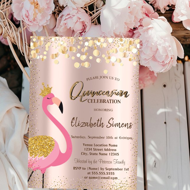 Convites Confete Dourado Flamingo Rosa Dourado Quinceañera (Criador carregado)