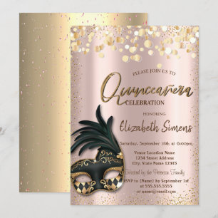 Convites Confete Dourado Máscara Rosa Dourado Quinceañera