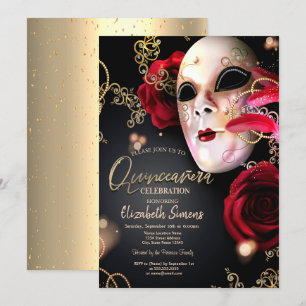 Convites Confete Dourado Máscara Rosas Vermelhas Quinceañer