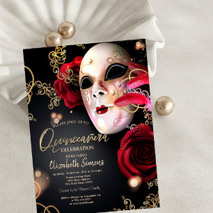 Convites Confete Dourado Máscara Rosas Vermelhas Quinceañer