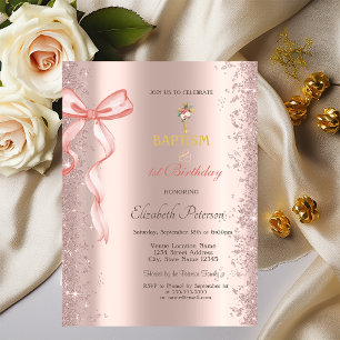 Convites Confete Dourado Rosa com Laço Rosa para Batismo e