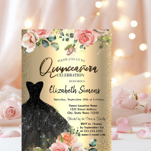 Convites Confete Dourado,Rosas Vestido Preto Quinceañera