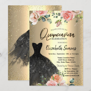 Convites Confete Dourado,Rosas Vestido Preto Quinceañera 