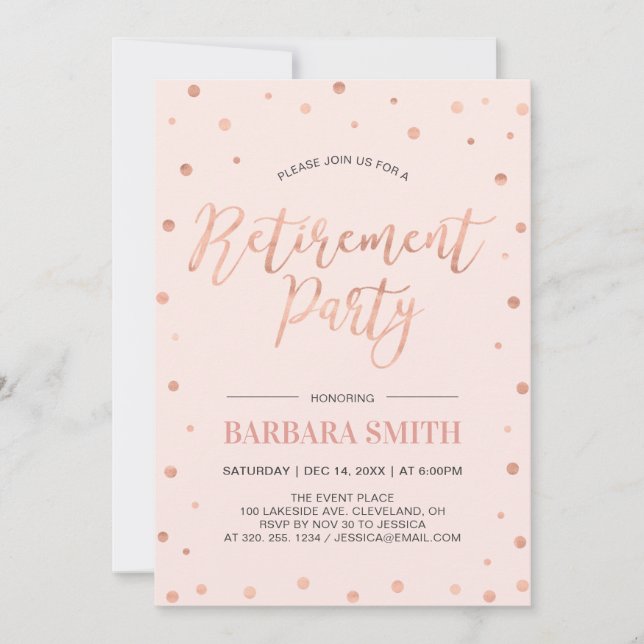 Convites Confete em Rose Gold | Festa de Aposentadoria Mode (Frente)