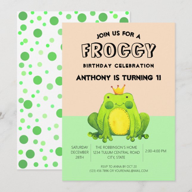 Convites confete verde primeiro aniversario sapo personaliz (Frente/Verso)