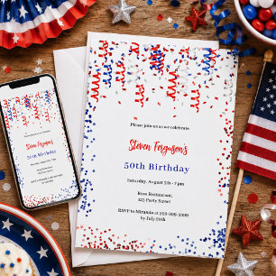 Convites Confete vermelho azul e branco de aniversário patr