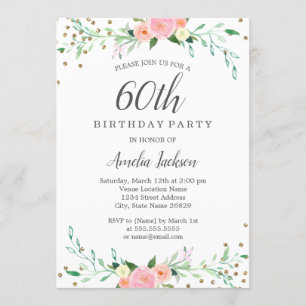 Convites Confetes Brilho Floral Doce Aniversário de 60 anos
