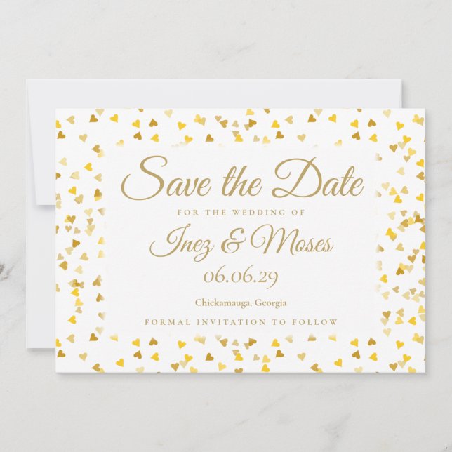 Convites Confetes de Corações Dourados Salve a Data (Frente)